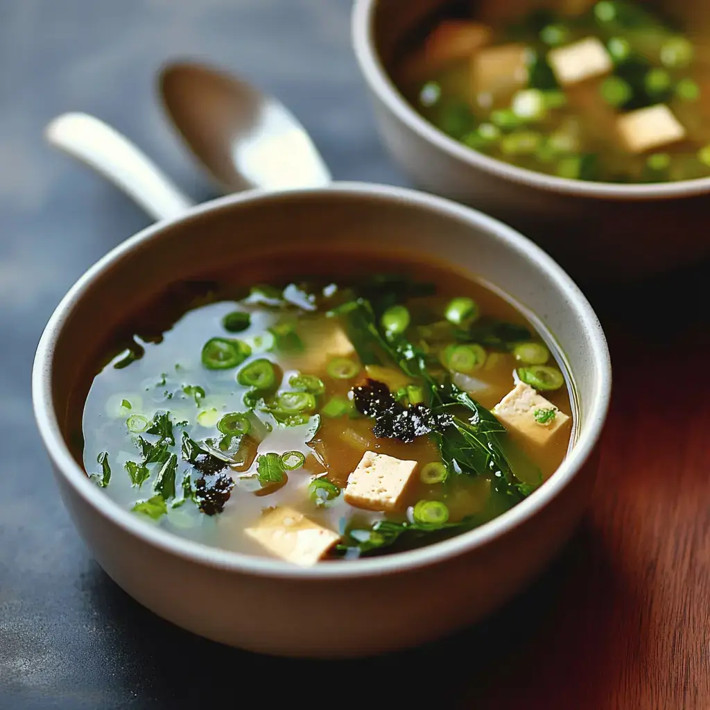 Un gros plan de deux bols de soupe contenant du tofu, des oignons verts, des algues et des légumes verts, posés sur une surface en bois.