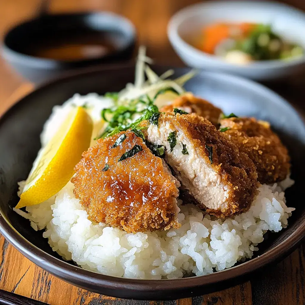Délicieux katsu pané croustillant servi sur un lit de riz blanc, accompagné citron et herbes fraîches