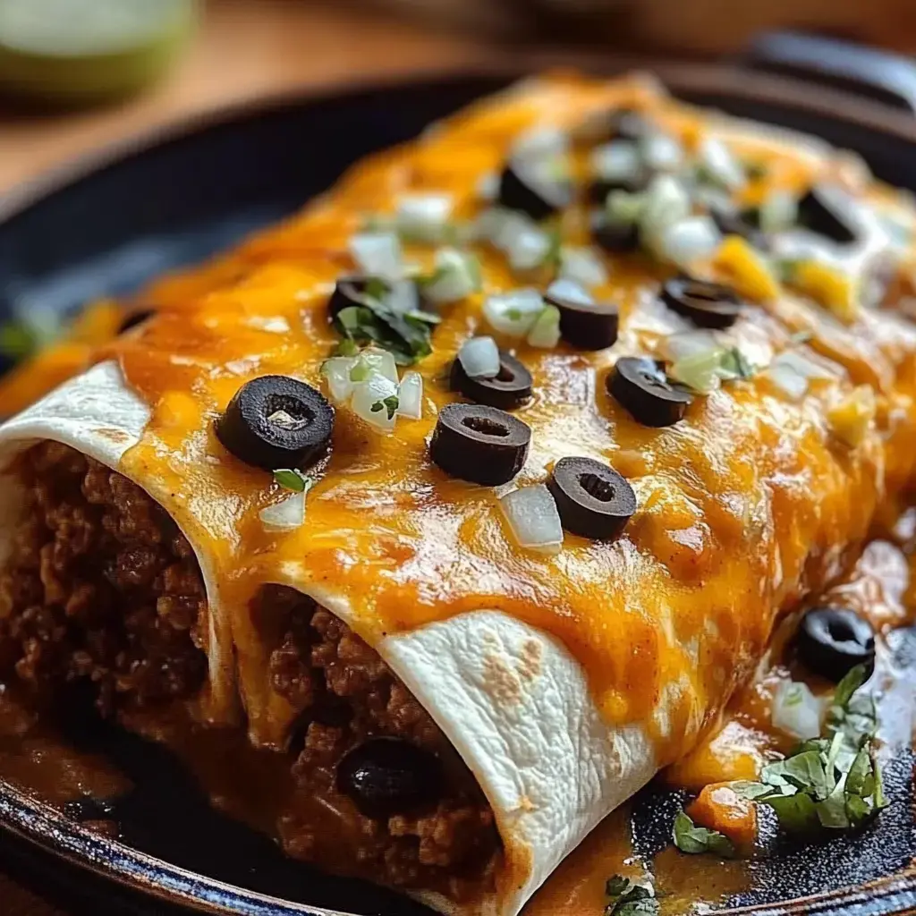 Un gros plan de deux enchiladas garnies de fromage fondu, d'olives noires et d'oignons hachés, servies sur une assiette sombre.