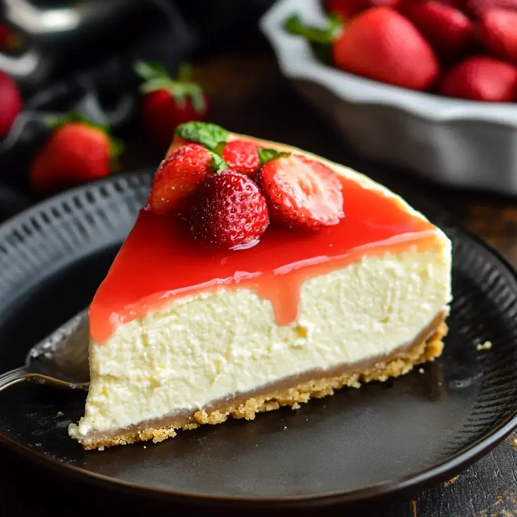 Une part de gâteau au fromage garnie de fraises fraîches et d'un glaçage rouge brillant, servie sur une assiette foncée avec d'autres fraises en arrière-plan.