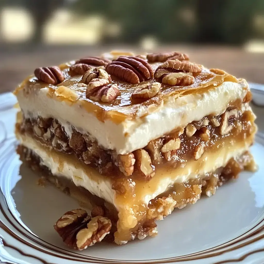 Zoom sur un dessert à étages ultra crémeux, nappé de caramel et noix de pécan, servi sur une assiette chic.