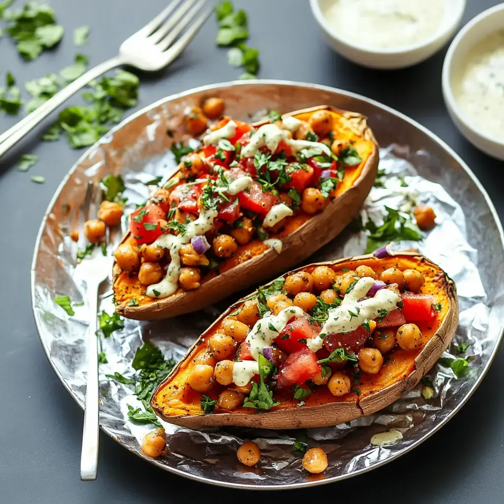 Une assiette de moitiés de patates douces rôties garnies de pois chiches, tomates coupées, herbes fraîches et un filet de sauce.