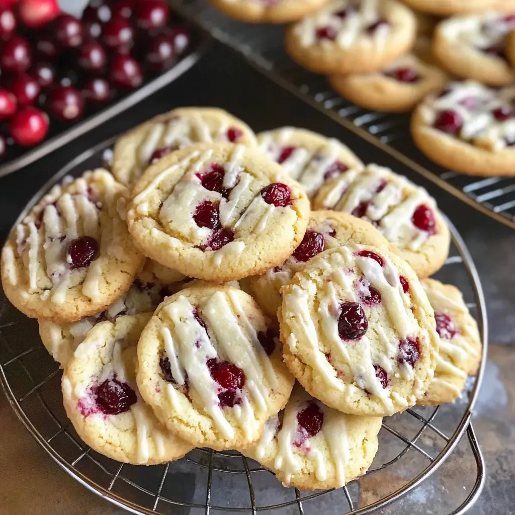 Gros plan d'un tas de cookies à la canneberge nappés de glaçage sur une grille, d'autres cookies et des canneberges fraîches en arrière-plan.