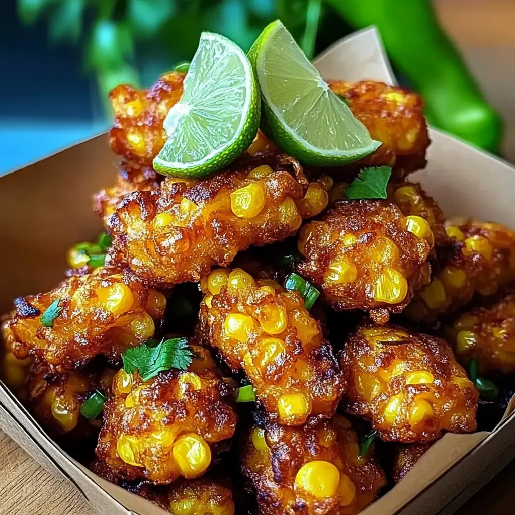 Un gros plan de beignets de maïs croustillants garnis de quartiers de citron vert et d'herbes fraîches dans un récipient marron.