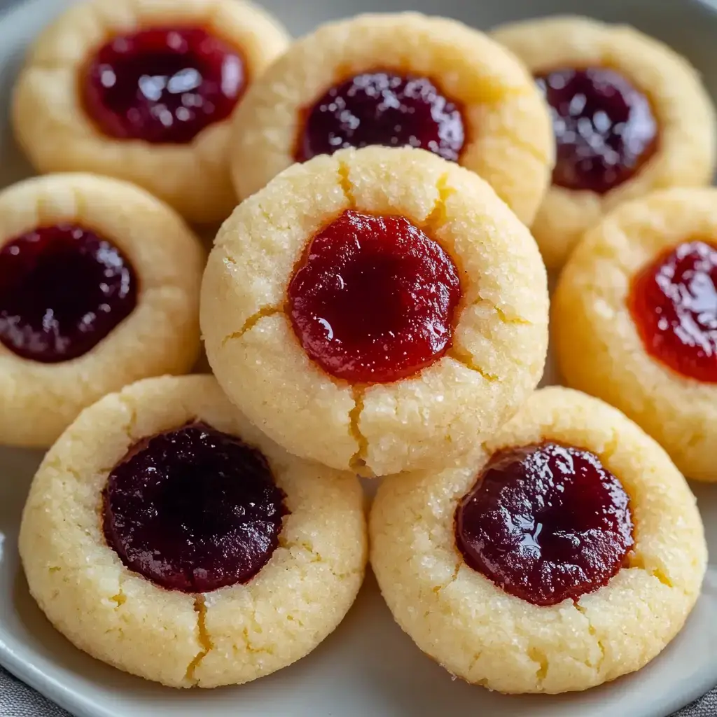 Assiette de biscuits moelleux recouverts d’un cœur de confiture rouge brillant.