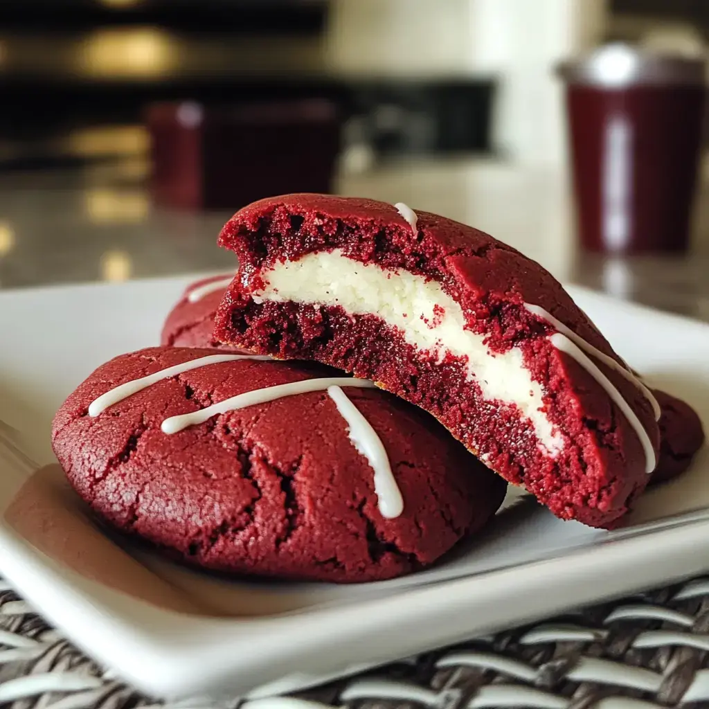 Une assiette de cookies rouges fourrés de fromage frais blanc, l’un d’eux ouvert laisse voir le coeur fondant.