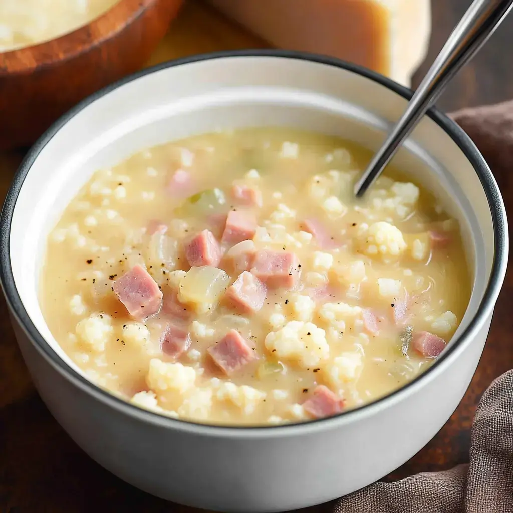 Un gros plan d'un bol de soupe consistante contenant du jambon en dés, du chou-fleur et des légumes, avec une cuillère à l'intérieur.