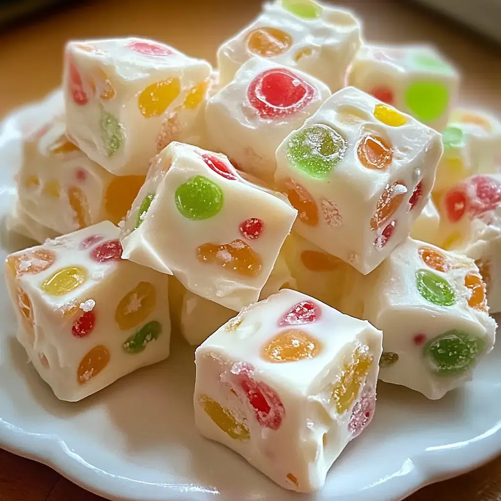 Gros plan sur des cubes de nougat colorés, enrobés d'une couche blanche crémeuse, présentés sur une assiette blanche.