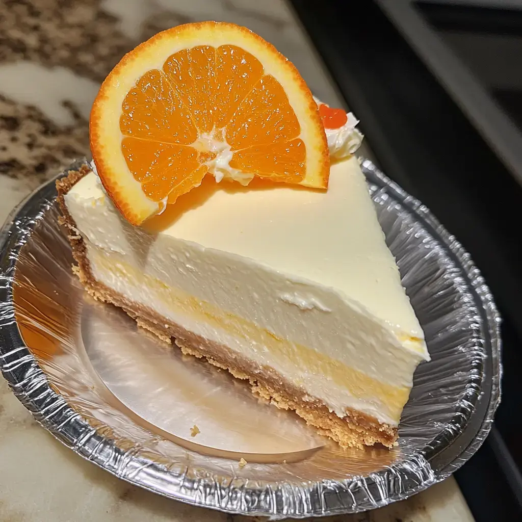 Part de cheesecake crémeux surmontée d’une tranche d’orange fraîche, dans un plat argenté.