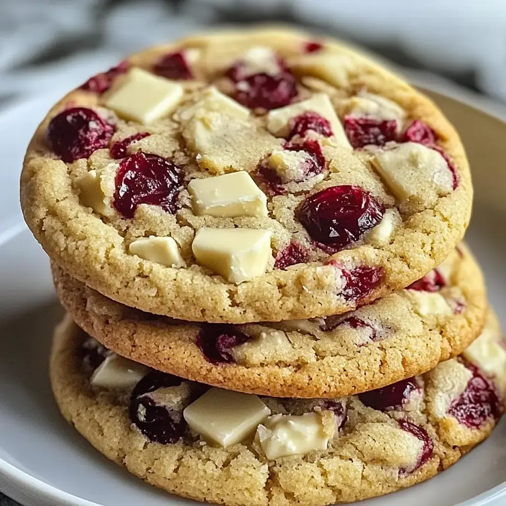 Une pile de trois grands biscuits, parsemés de canneberges et morceaux de chocolat blanc, posée sur une assiette.