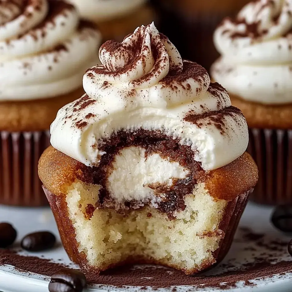Un gros plan d'un petit gâteau avec un tourbillon de crème onctueuse et une bouchée prise, révélant une garniture au chocolat et un gâteau clair en dessous.
