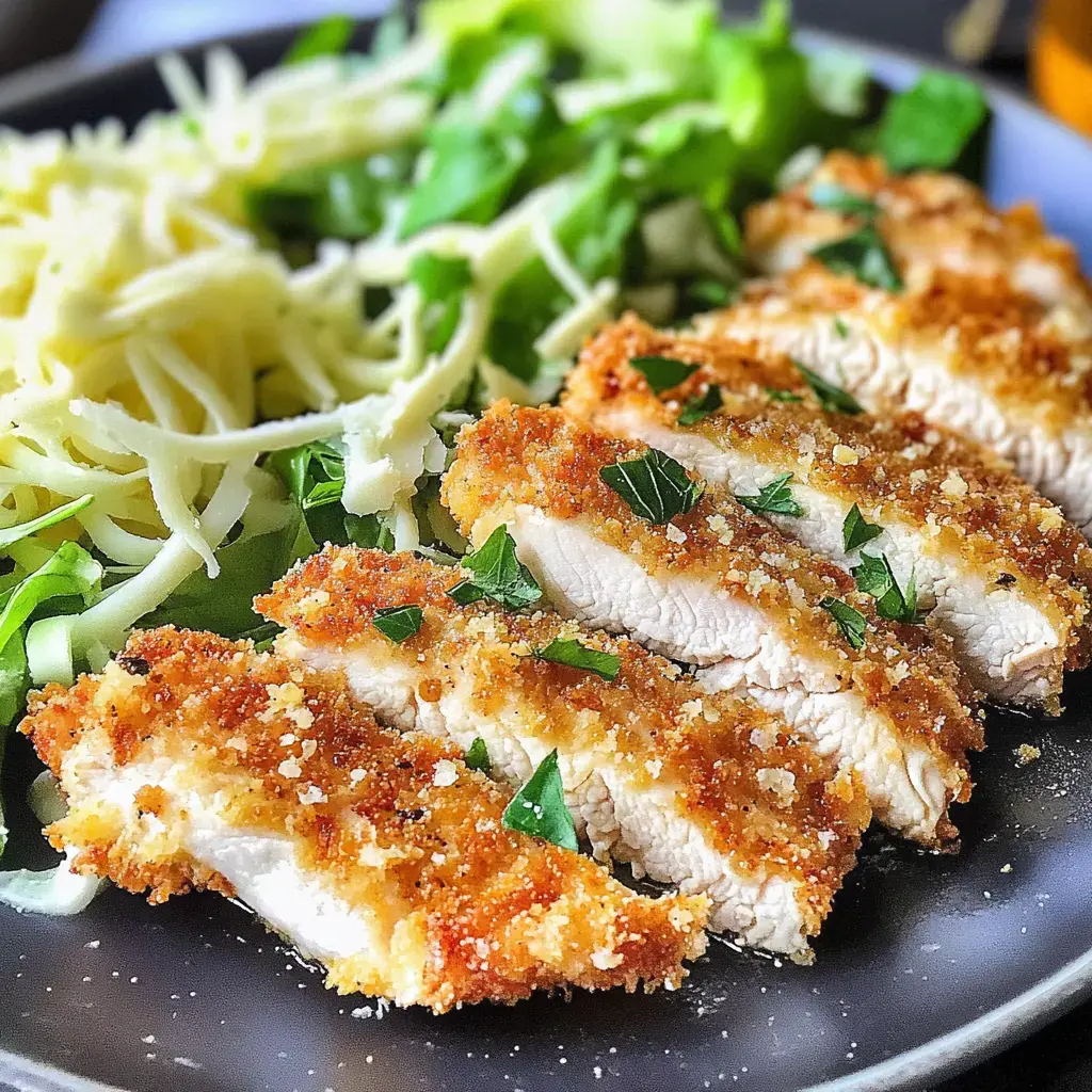 Une assiette d'escalopes de poulet panées et tranchées garnies de persil, servies avec des feuilles de salade et du fromage râpé.