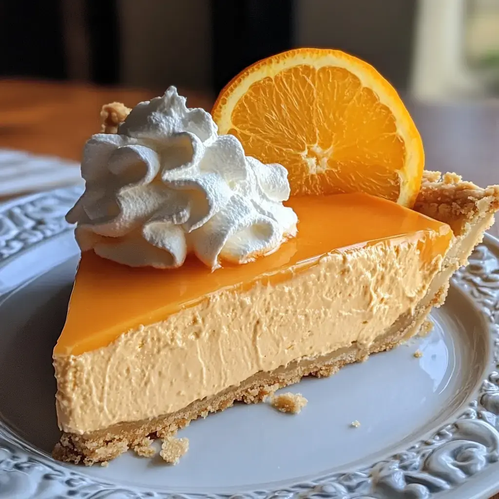 Part de tarte à l’orange crémeuse décorée de chantilly et zeste, servie sur une assiette fleurie.