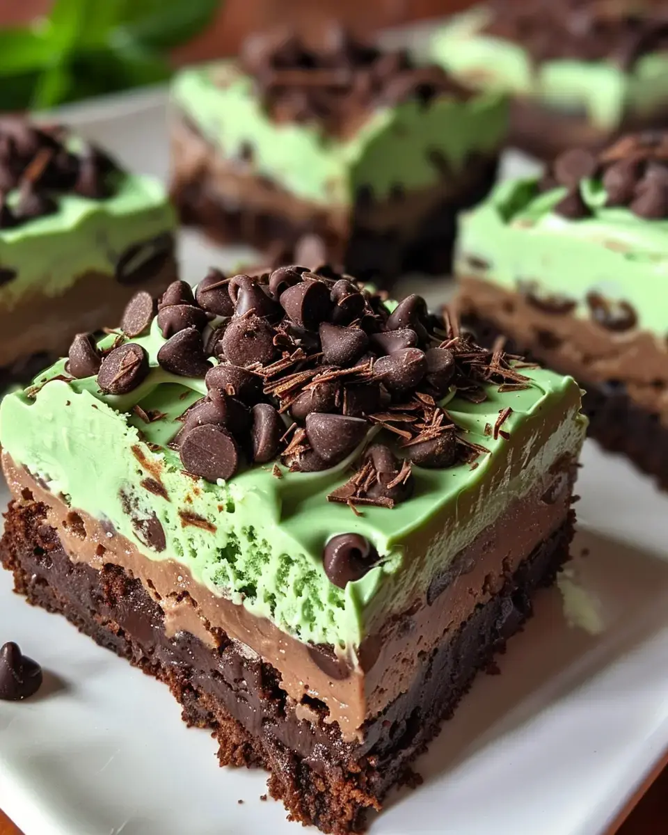 Gros plan sur un dessert à étages avec base brownie chocolat, mousse au centre et mousse menthe verte sur le dessus avec copeaux chocolat.