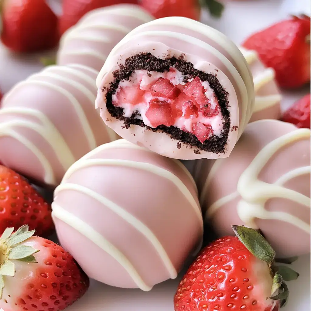 Gros plan sur des truffes roses au chocolat et fraise, entourées de fraises fraîches.