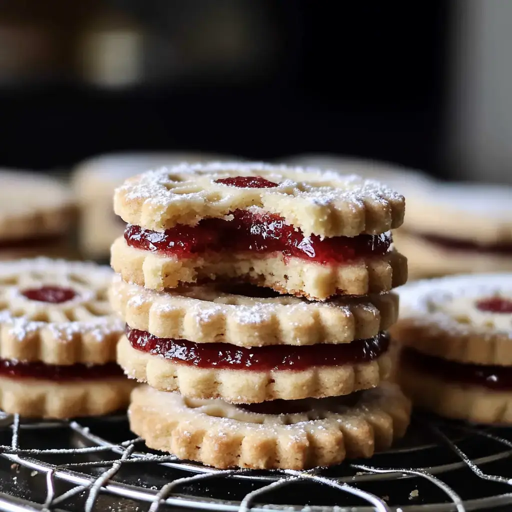 Empilement de biscuits sablés à la confiture de framboise et saupoudrés de sucre glace, posés sur une grille.