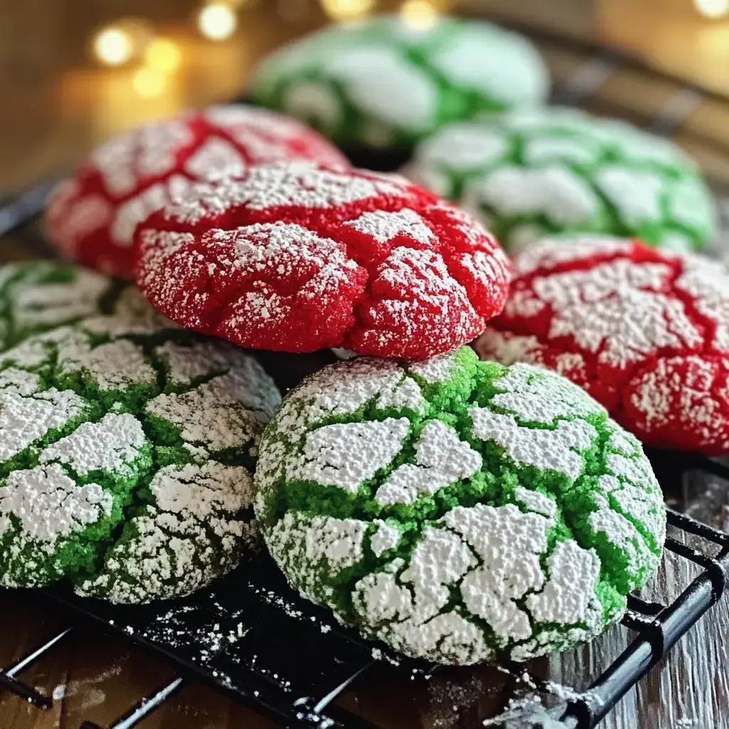 Des cookies craquelés rouges et verts saupoudrés de sucre glace reposent sur une grille, éclairés par une lumière douce et chaleureuse à l’arrière-plan.