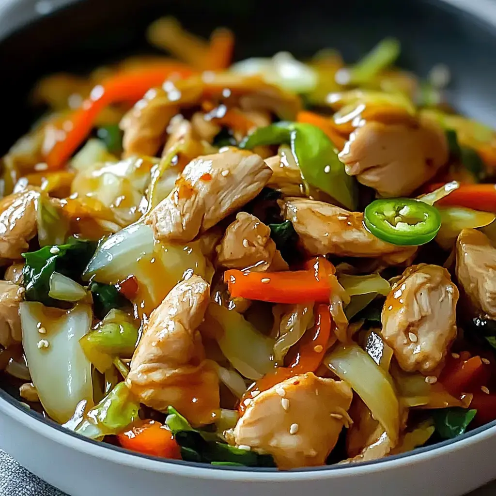 Une image en gros plan d'un délicieux plat de poulet sauté avec des légumes colorés et une sauce savoureuse.