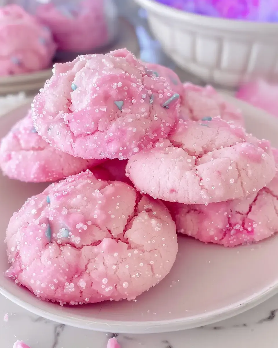 Zoom sur des biscuits roses moelleux décorés de sucre pétillant et de petites perles bleues, tous posés sur une assiette blanche.