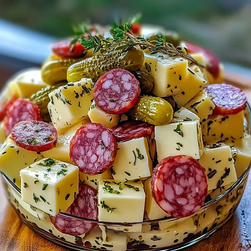 Un saladier en verre garni de cubes de fromage, rondelles de salami, petits cornichons et herbes fraîches.