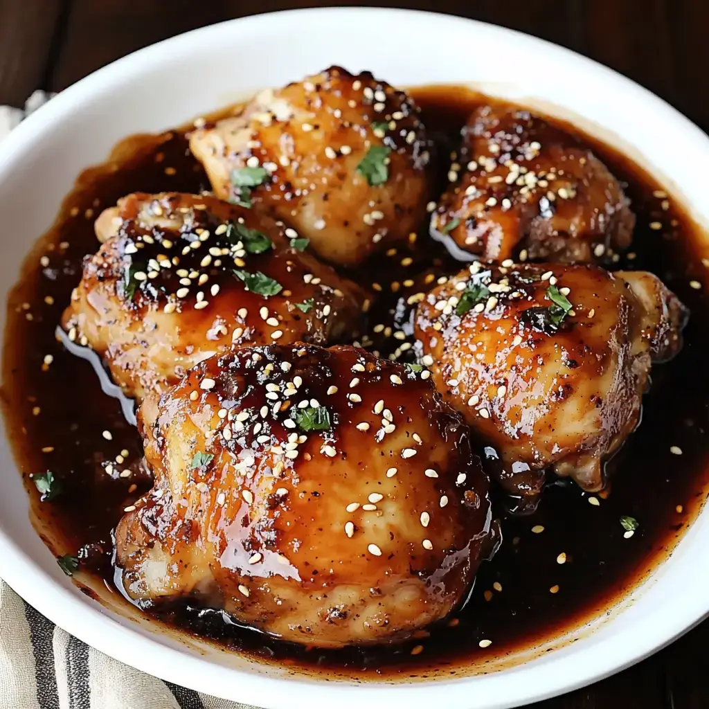 Une assiette blanche remplie de cuisses de poulet tendres et glacées recouvertes d'une sauce foncée, garnies de graines de sésame et d'herbes hachées.