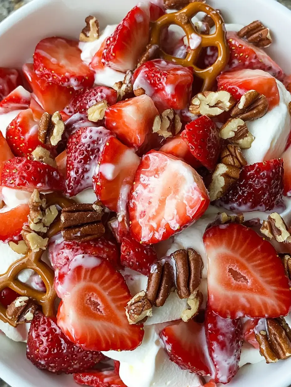 Zoom sur un bol avec fraises coupées, crème fouettée, noix de pécan et morceaux de bretzel.