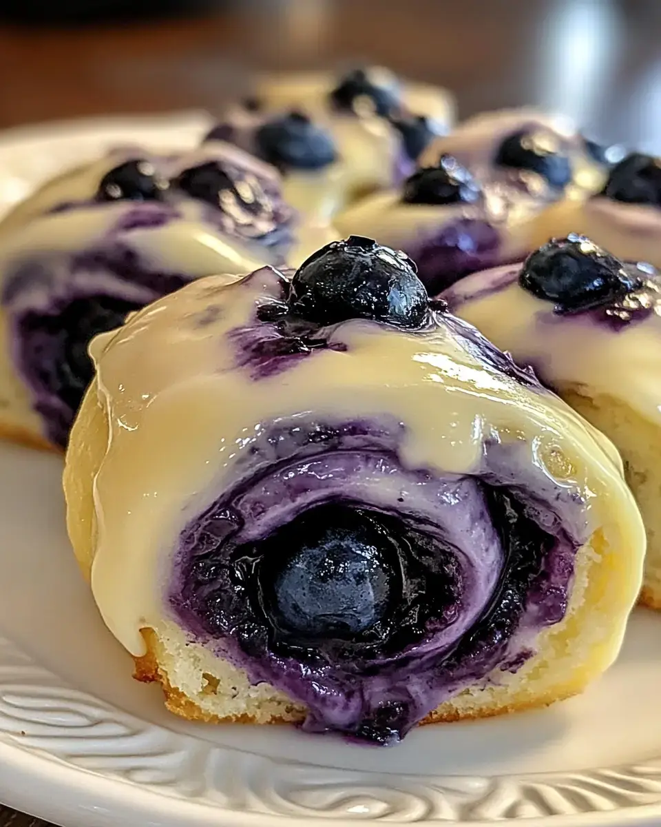 Zoom sur une pâtisserie roulée dorée garnie de myrtilles et nappée de glaçage crémeux avec myrtilles fraîches.