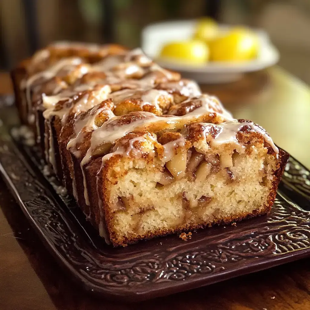 Un cake tranché avec garniture aux pommes et un filet de glaçage, servi sur une assiette décorative.