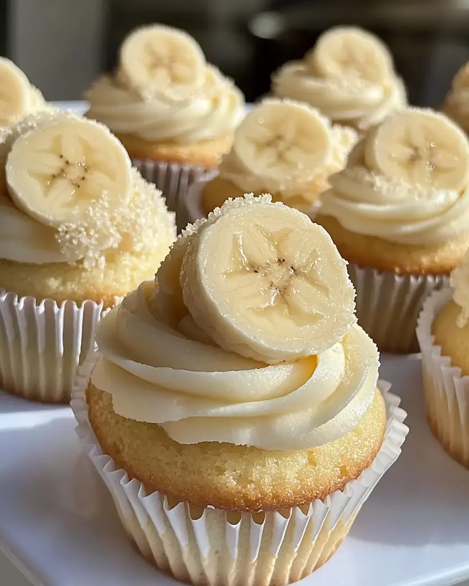 Zoom sur de jolis cupcakes à la banane avec glaçage crémeux et rondelle de banane
