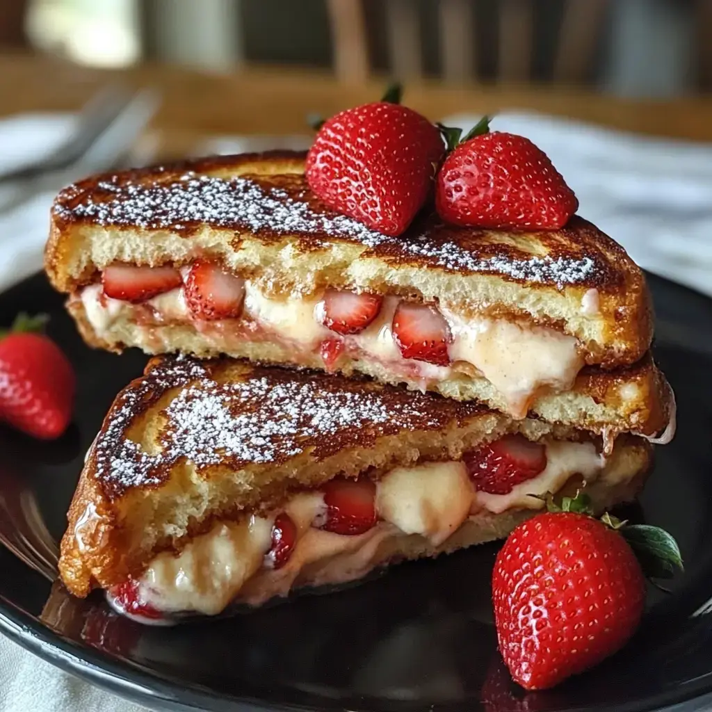 Assiette de pain perdu bien doré, fourré de fraises fraîches et fromage frais, sucre glace et fraises entières en déco.