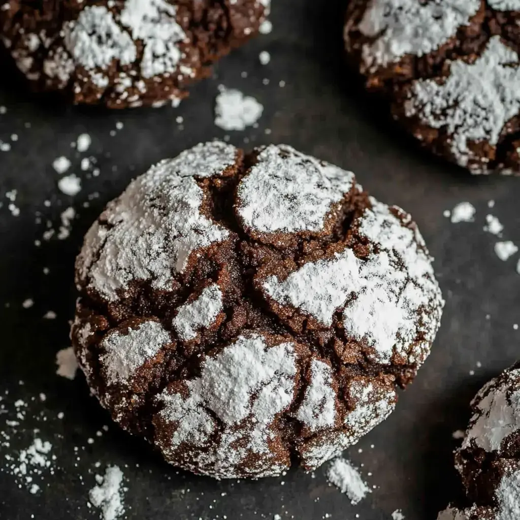 Zoom sur un biscuit chocolat saupoudré de sucre glace, craqué en surface et texture fondante.