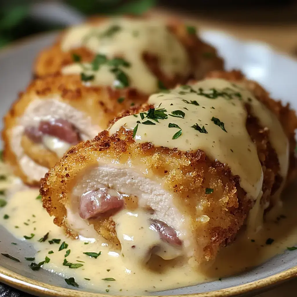 Deux roulés de poulet pané garnis de jambon et fromage, nappés d’une sauce crémeuse et parsemés de persil sur une assiette.