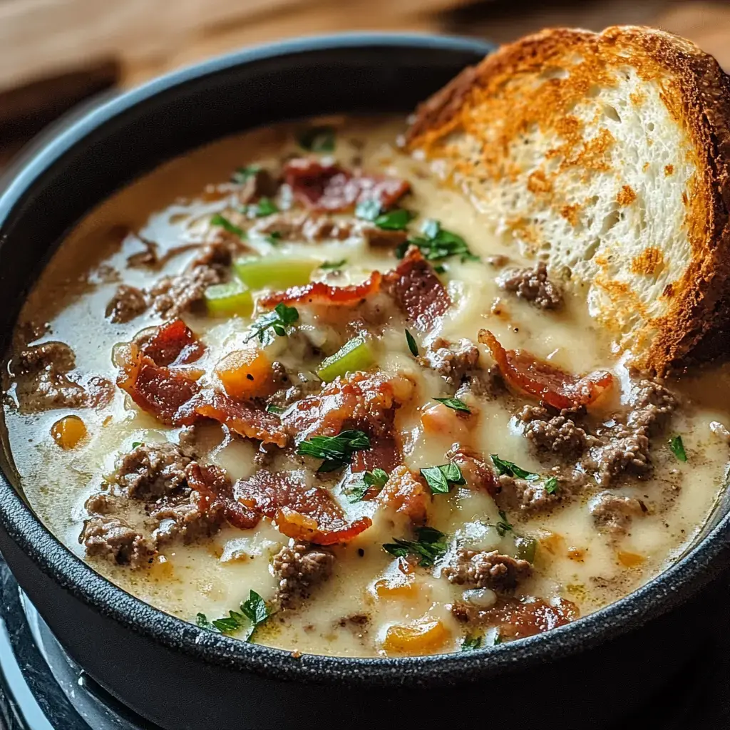 Un bol de soupe crémeuse garnie de bacon croustillant, de bœuf haché, de légumes coupés et décorée de persil, accompagnée d'une tranche de pain grillé.
