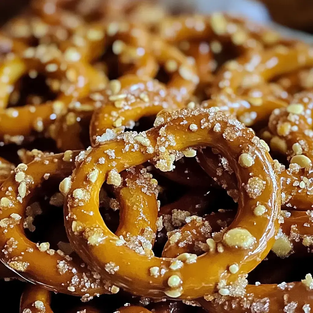 Gros plan de bretzels dorés, parsemés de sucre et petits morceaux de cacahuètes.