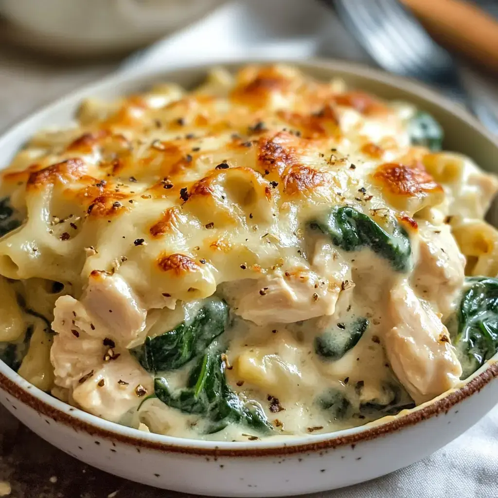 Un plat de pâtes crémeuses au poulet et epinards, recouvert de fromage fondu, servi dans un bol blanc.