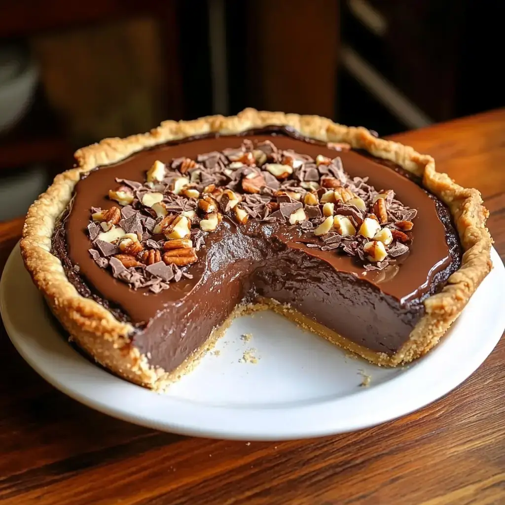 Une tarte au chocolat avec une part coupée, garnie de noix hachées et de copeaux de chocolat, sur une assiette blanche.