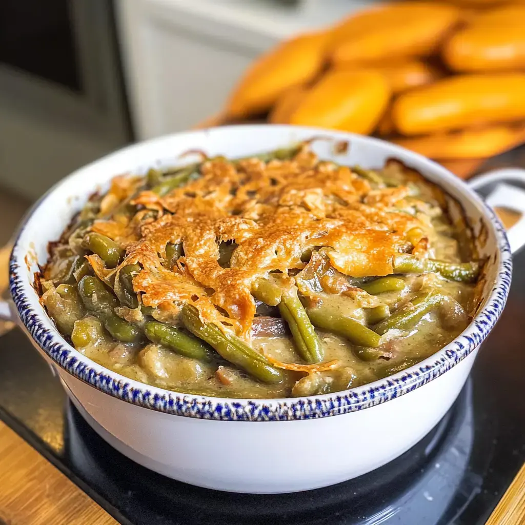 Un gratin de haricots verts dorés avec une croûte croustillante, servi dans un plat blanc, des bananes jaunes en arrière-plan.