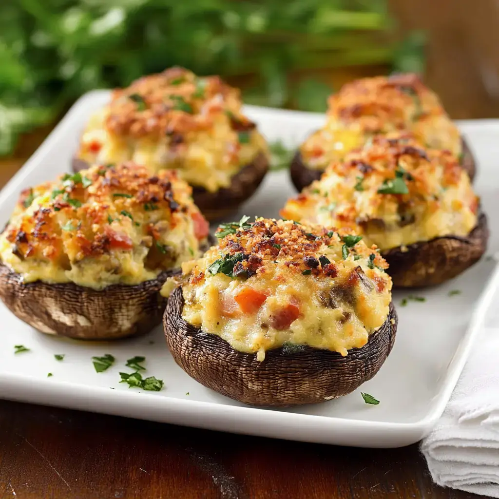 Une assiette de champignons portobello farcis recouverts de chapelure dorée et garnis de persil haché.