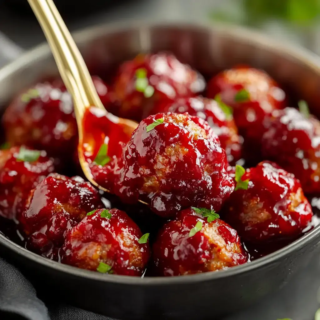 Un gros plan de boulettes enrobées d'une sauce rouge brillante, garnies d'herbes vertes dans un bol foncé.