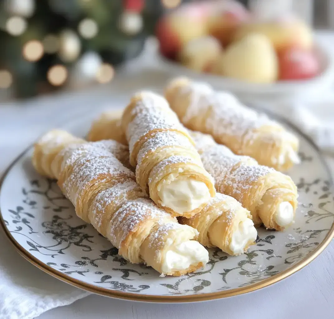 Des roulés feuilletés fourrés de crème à la vanille, saupoudrés de sucre glace, avec des fruits en arrière-plan.