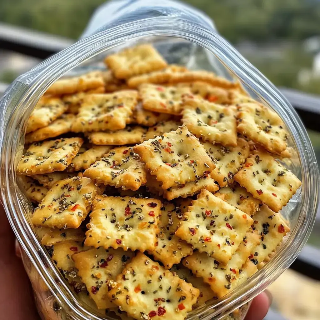 Boîte transparente pleine de crackers rectangulaires nappés d’herbes et épices.