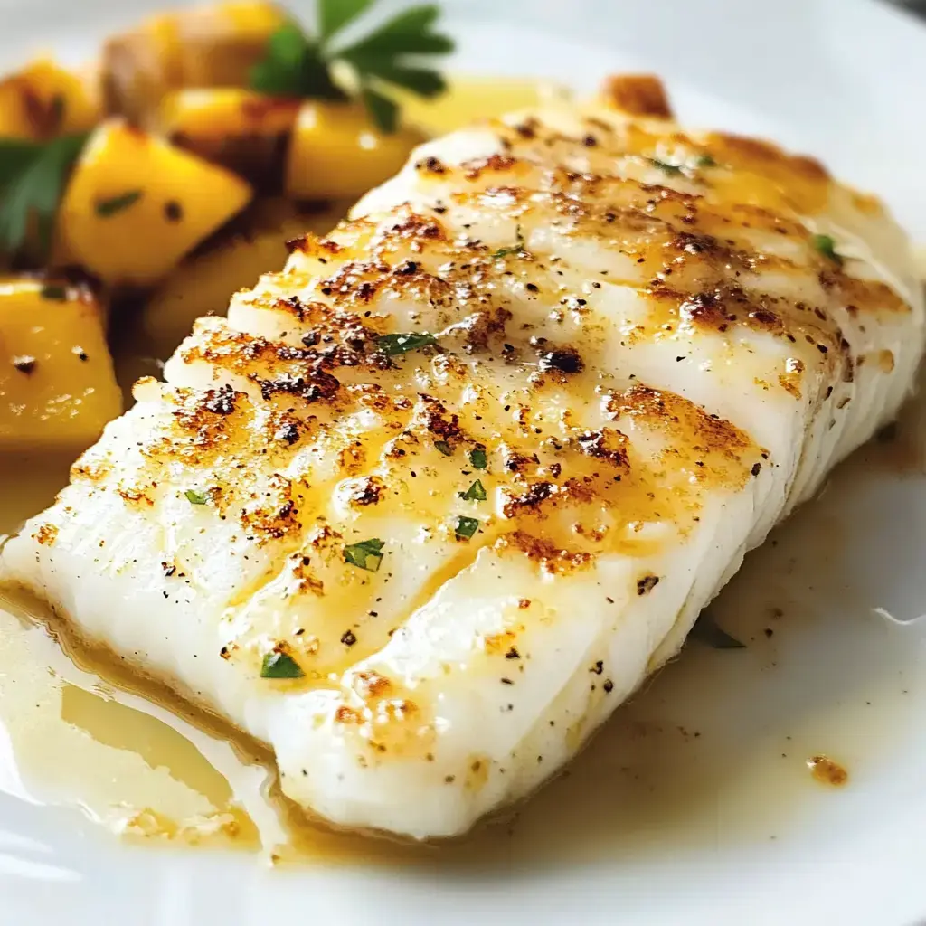 Un morceau de poisson parfaitement cuit, garni d'herbes, servi avec des courgettes jaunes rôties.