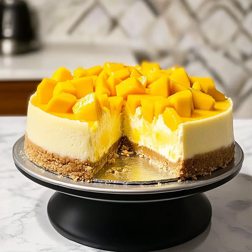 Un cheesecake à la mangue bien crémeux exposé sur un plat argenté, décoré de morceaux de mangue fondante.
