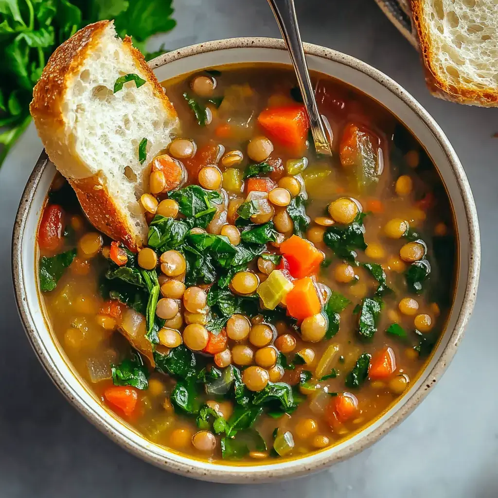 Un bol de soupe copieuse aux lentilles avec épinards, légumes coupés en dés, et une tranche de pain sur le côté.