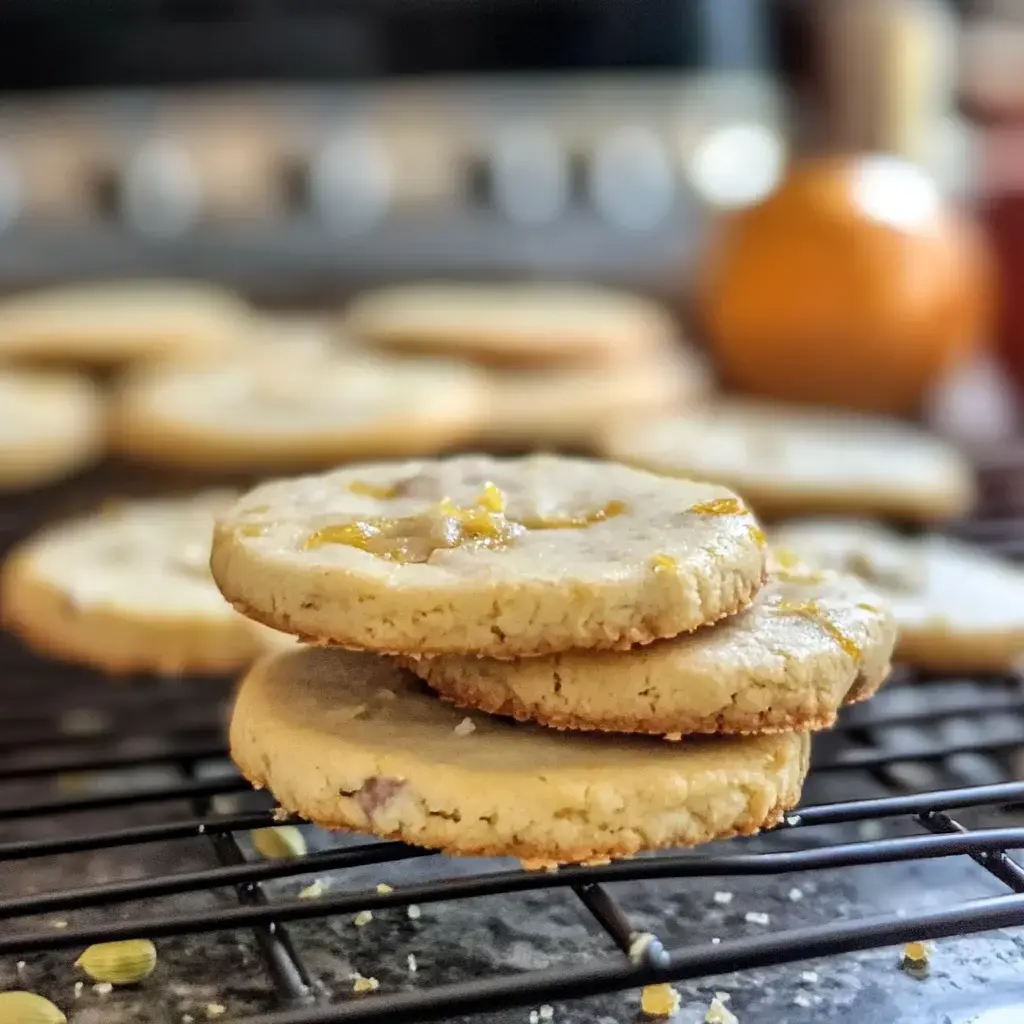 Des biscuits tout juste cuits, légèrement glacés, empilés sur une grille, décorés de pistaches, orange flou en arrière-plan.