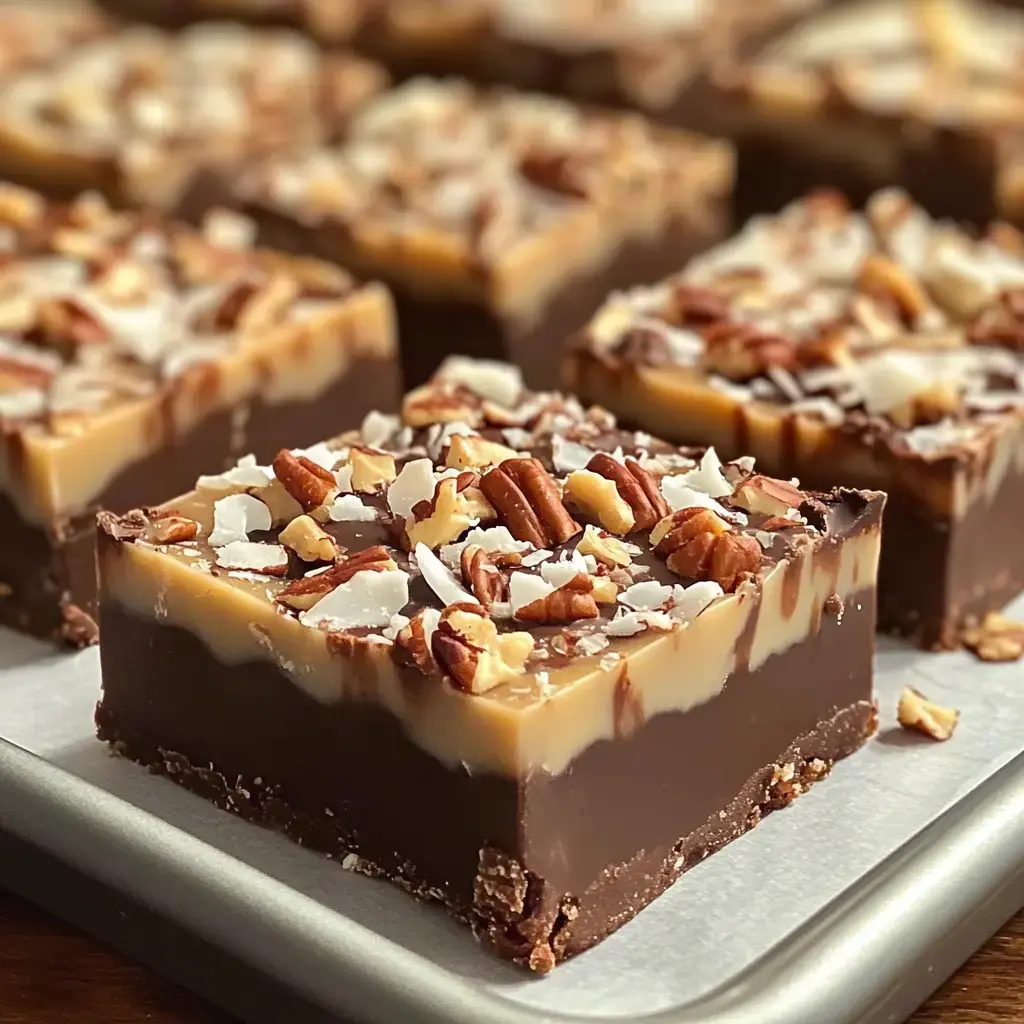 Vue rapprochée d’un fudge chocolat à étages, noix de coco et pécan dessus.