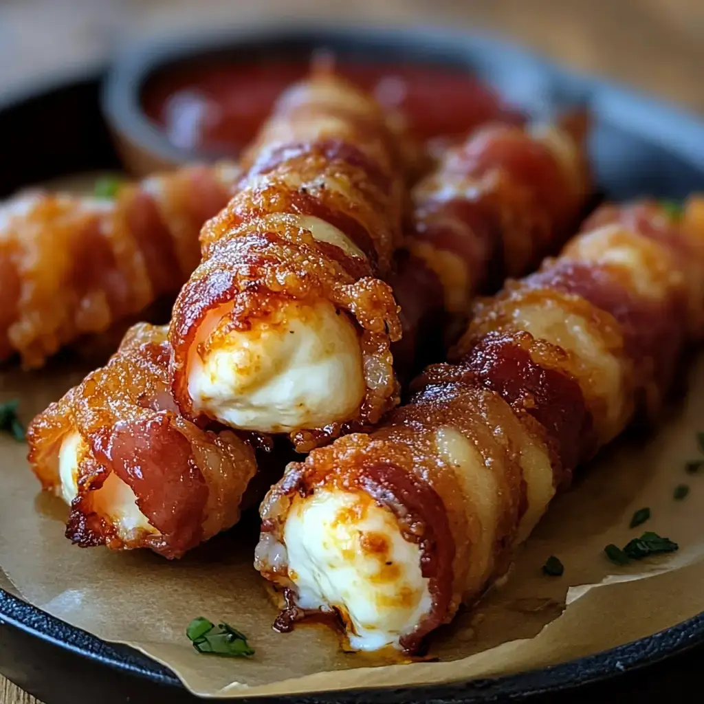 Une assiette de bâtonnets de mozzarella croustillants enveloppés de bacon servis avec une sauce à tremper.