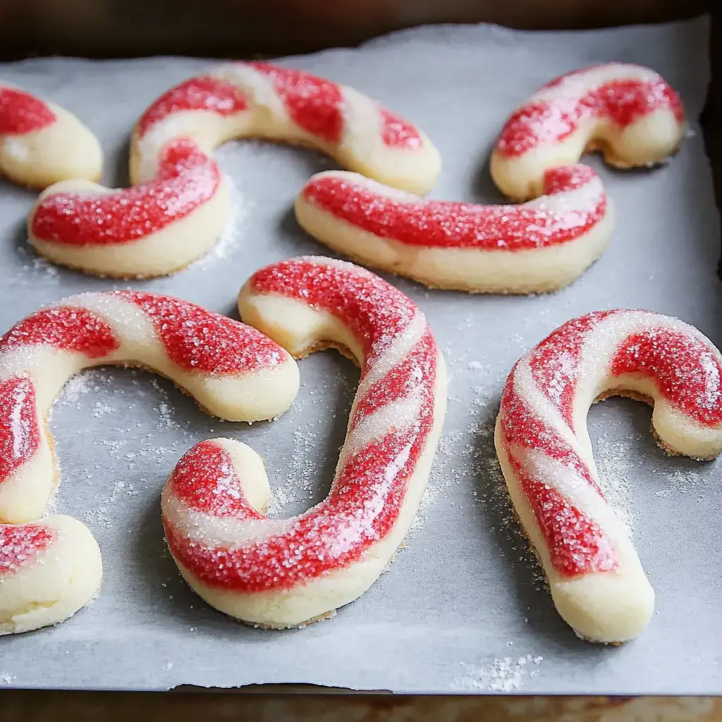 Une jolie grappe de biscuits festifs torsadés façon canne à sucre, nappés de glaçage rouge et blanc, sur plaque de cuisson.