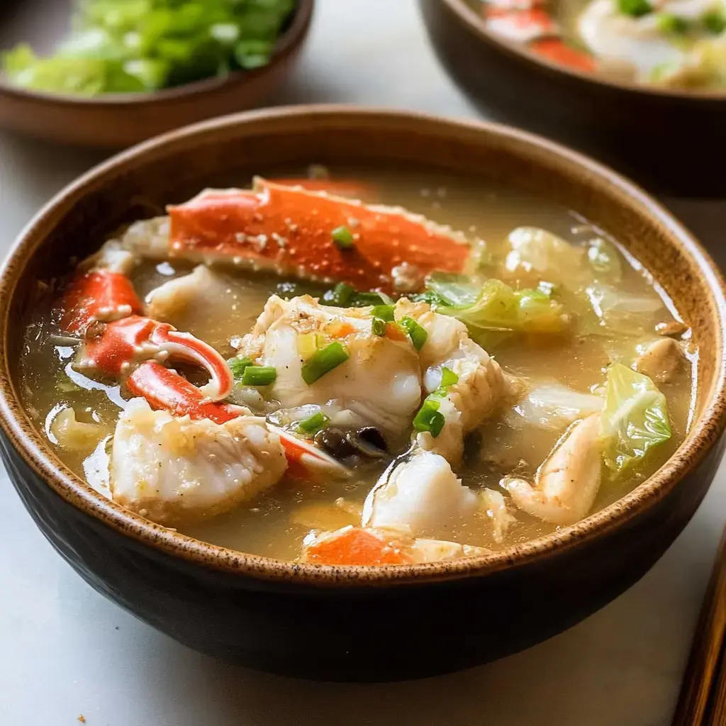 Un bol de soupe aux fruits de mer avec des morceaux de poisson, des pattes de crabe et des légumes garnis de ciboule.