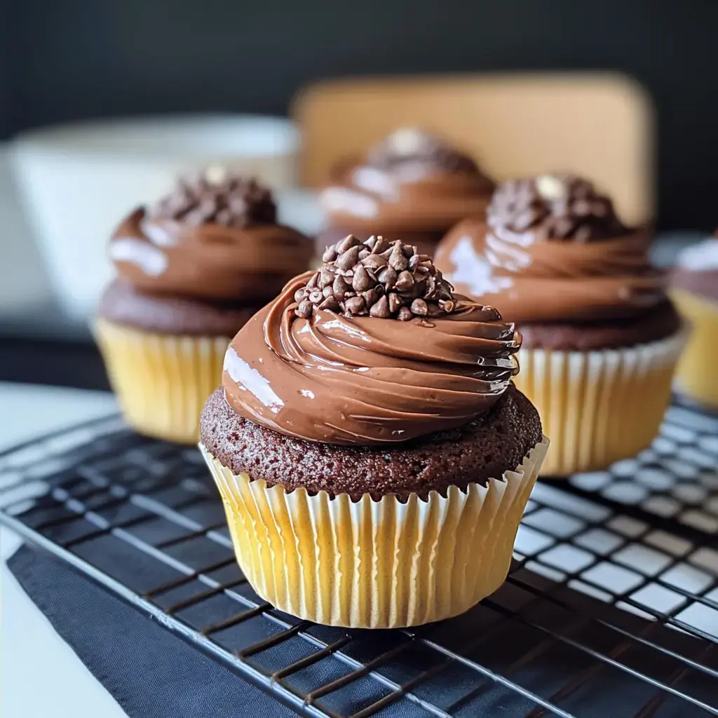 Zoom sur des cupcakes choco glacés, vermicelles de chocolat, posés sur une grille.